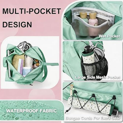 Gym Bag for Women, Yoga Mat Bag with Shoe Compartment and Wet Pocket, Sport Yoga Gym Bag with Yoga Strap, Carryall Yoga Tote Bag - color: Green