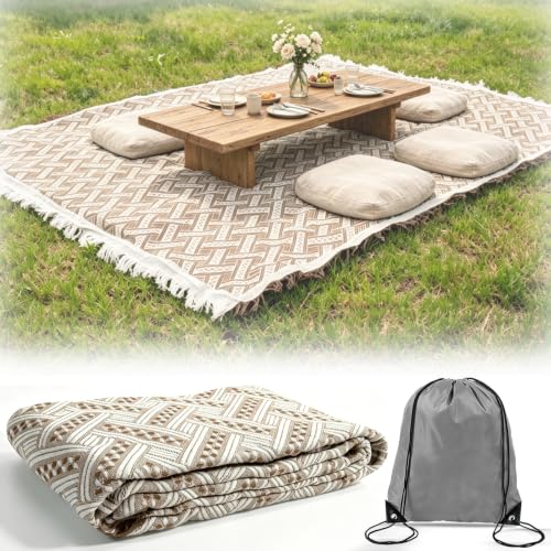 91'' x 71''Extra Large Outdoor Boho Picnic Blanket,Woven Cotton Yarn Blanket with Fringe for Boho Decor Camping Lawn Wedding Photoshoot Beach Park Grass (Brown) - color: Brown