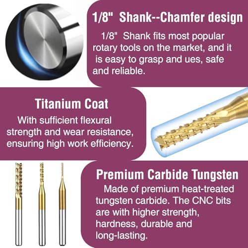 Titanium Coated Engraving Milling Cutter Carbide Bits, 0.8-3mm, 1/8'' Shank, 10 Pieces, for Dremel Rotary Tools