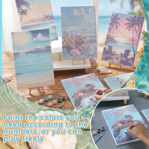 Honoson 6 Pack Beach Paint by Number Kits for Adults 8x12 Inch DIY Shell Turtle Beach Sea Ocean Paint by Number on Canvas with Frame Easel Acrylic Paints Brush for Beginners Home Wall Decor - style: Summer Beach
