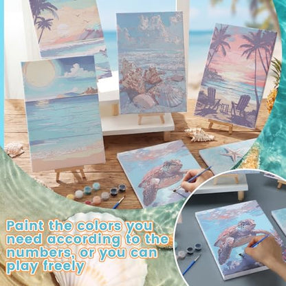 Honoson 6 Pack Beach Paint by Number Kits for Adults 8x12 Inch DIY Shell Turtle Beach Sea Ocean Paint by Number on Canvas with Frame Easel Acrylic Paints Brush for Beginners Home Wall Decor - style: Summer Beach