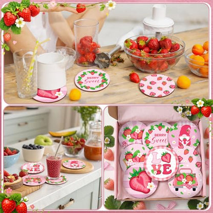 Reallnaive 8 Pcs Strawberry Paint by Numbers Kit for Adults Wooden Coasters | Mini Paint by Numbers, Tiny Pink Gnome Round Oil Painting Drink Coaster with Holder, for Small DIY Craft Birthday Gift - style: Strawberry