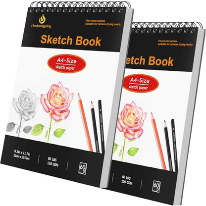 8.3"x11.7" Sketch Book, 2- Pack 2x60 Sheets Spiral Bound Art Skethbook, Sketch Pad (80 lb. / 120 GSM), Artist Drawing Book White Paper Painting Sketching Pad