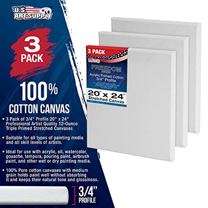 U.S. Art Supply 20 x 24 inch Stretched Canvas 12-Ounce Triple Primed, 3-Pack - Professional Artist Quality White Blank 3/4" Profile, 100% Cotton, Heavy-Weight Gesso - Acrylic Pouring, Oil Painting - size: 20" x 24"