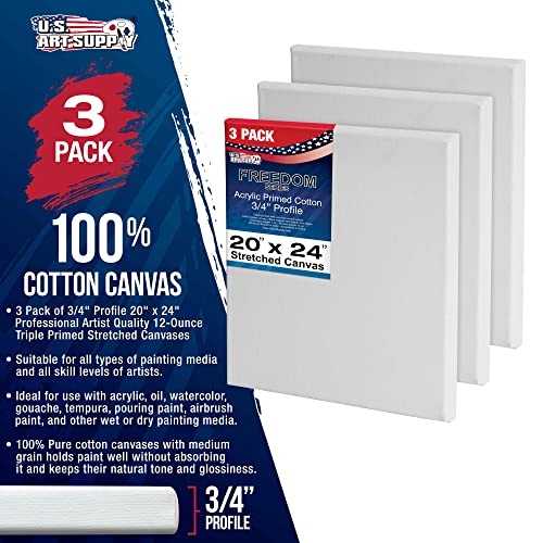 U.S. Art Supply 20 x 24 inch Stretched Canvas 12-Ounce Triple Primed, 3-Pack - Professional Artist Quality White Blank 3/4" Profile, 100% Cotton, Heavy-Weight Gesso - Acrylic Pouring, Oil Painting - size: 20" x 24"