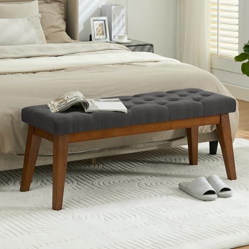 WUTUTUEE 43.5'' Linen Bedroom Bench, Upholstered End of Bed Bench with Tufted Button, Padded Vintage Dining Bench, Entryway Bench with Solid Wood Legs, Kitchen, Living Room, Hallway, Dark Grey Tufted - color: Dark Grey-linen-tufted