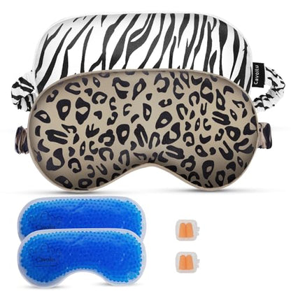 Sleep mask w/Cooling Gel Eye Mask, 2Packs Heated Eye Mask for Sleeping, Reusable Ice Silk Blackout Eye Cover Sleeping Mask for Travel, Home, Office, Yoga, Stocking Stuffers (Zebra+Leopard) - color: White & Brown