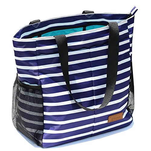 ESVAN Original Floral Tote Bag Large Shoulder Bag with Multi Pockets for Gym Travel Beach Daily Bags - color: Blue-white-flower