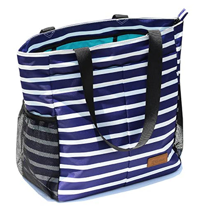 ESVAN Original Floral Tote Bag Large Shoulder Bag with Multi Pockets for Gym Travel Beach Daily Bags - color: Blue-white-flower