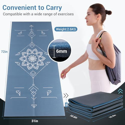 Avoalre Folding Yoga Mat, Eco-Friendly PVC Travel Yoga Mat Packable, Double Sided Non-Slip Printed Yoga Mats with Bag for Home Workout Gym Exercise Fitness Pilates Stretching (72" x 32" x 0.24" Thick) - color: 블루.