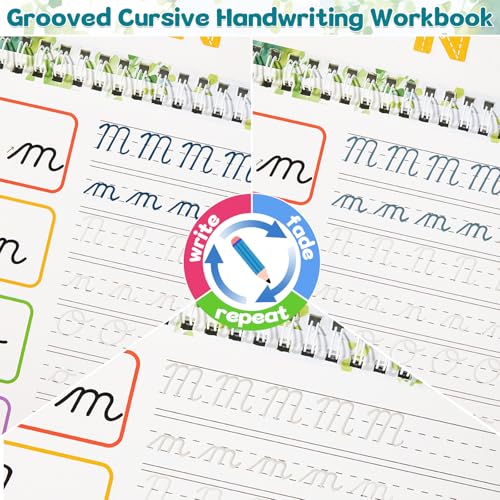 chiazllta Grooved Cursive Handwriting Workbook with Disappearing Ink Pens Magic Reusable Grooved Cursive Writing Practice for Beginners Kids Kickoff Student Workbook Homeschooling Supplies (Letters) - style: Letters