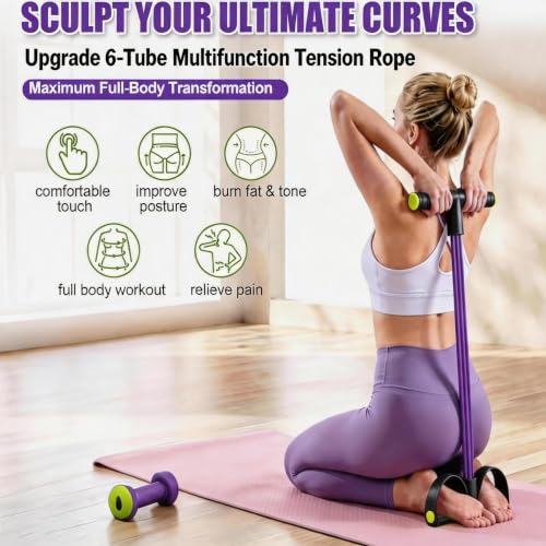 Foot Pedal Resistance Bands with Handles, Multifunction Elastic Yoga Exercise Bands, Home Gym Fitness Equipment for Women & Men to Tone Abs, Core, Legs, Arms, Waist - color: Black-purple