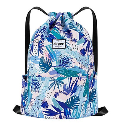 XEYOU Drawstring Backpack Bag Sport Gym Sackpack Beach Cinch Bag | Lightweight Swimming Bag, Water-Resistant Fabric, Travel Daypack for Women and Men - color: Blue Leaves