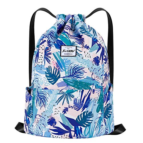 XEYOU Drawstring Backpack Bag Sport Gym Sackpack Beach Cinch Bag | Lightweight Swimming Bag, Water-Resistant Fabric, Travel Daypack for Women and Men - color: Blue Leaves