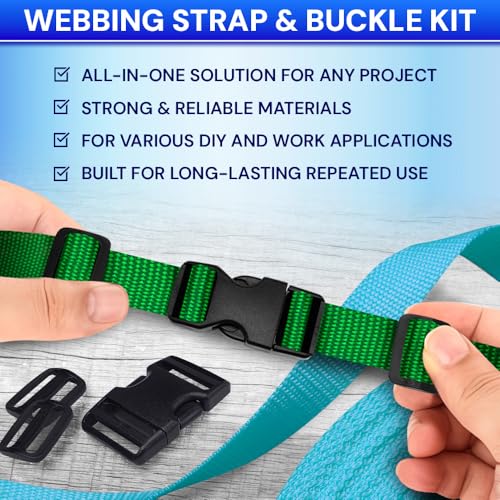 TECEUM 1" Nylon Strap Kit with Buckles, Green 6 yards Repair Set | Heavy duty hardware kit: 6yd webbing, 6 quick release buckles, 12 tri-glide slide clips, 6 metal D-rings for crafting. - color: Green, size: 1" - 6 yards, style: 6 Buckle - 12 Slides - 6 D