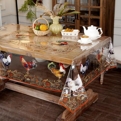 Clear Table Cover Protector Rooster Vinyl Table Cloth, 60"x84" | Dining Room, Kitchen Meals, Tabletop Protection, Easy Cleanup, Brunch, Parties, Holiday Gatherings, Everyday Use - color: Roosters, size: 60" x 84" (Rectangular)