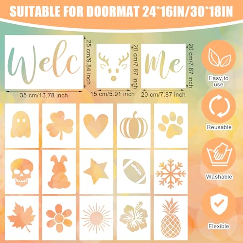 Fullhawl 18 Pcs Stencils for Door Mats, Large Seasonal Painting Stencils | Holiday Templates, Reusable Coir Doormat Stencils, Welcome Mat Stencil, Drawing DIY Project, Window Walls Floor Canvas Decor