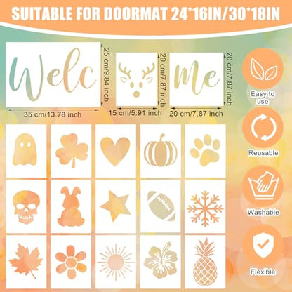 Fullhawl 18 Pcs Stencils for Door Mats, Large Seasonal Painting Stencils | Holiday Templates, Reusable Coir Doormat Stencils, Welcome Mat Stencil, Drawing DIY Project, Window Walls Floor Canvas Decor