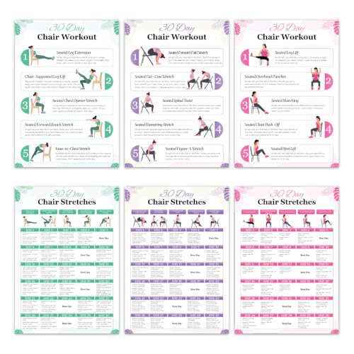 Chair Yoga Chart for Seniors & Beginners, Set of 6 Waterproof Laminated Posters, 3 Plans & 3 Routines of Gentle Seated Exercises for Stiffness, Joint Pain & Stress Relief, Easy 30-Day Challenge Guide