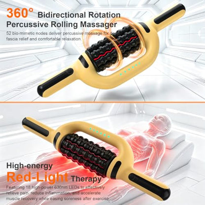 Electric Lymphatic Massager Roller with Red Light for Lymphatic Drainage | Electric Handheld Percussive Massager with redlight for Cellulite Massage, 6-Speed Foot Massager Roller with Hands-Free Base - color: Yellow