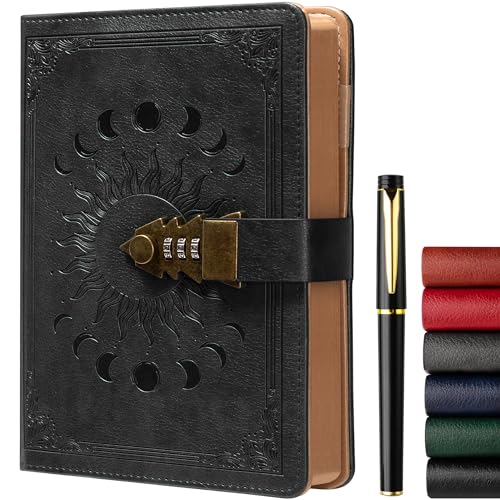 ZXHQ A5 Journal with lock, 120Gsm 224 Pages Lock Diary, Pen Set, Brown Edge, Refillable, Leather Hardcover, Fine Inner Pocket (5.9 x 8.5 inch) - Black - color: Black-A1