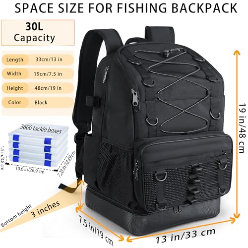 Fishing Backpack with 4 Tackle Boxes, Heavy Duty Fishing Bag with Waterproof Bottom, Tackle Backpack Gifts for Man Woman-Pure Black - color: Pure Black