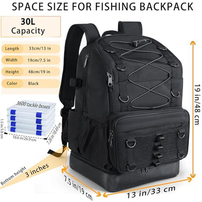 Fishing Backpack with 4 Tackle Boxes, Heavy Duty Fishing Bag with Waterproof Bottom, Tackle Backpack Gifts for Man Woman-Pure Black - color: Pure Black