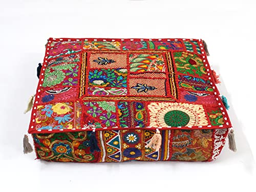 Mam Treasures Indian Bohemian Decorative Pillow Vintage Cushion Cover Patchwork Square Floor Pillow Cover Meditation Cushion Large Floor Pillow Indian Cushion (Red, 16 X 16 X 5 Inch)
