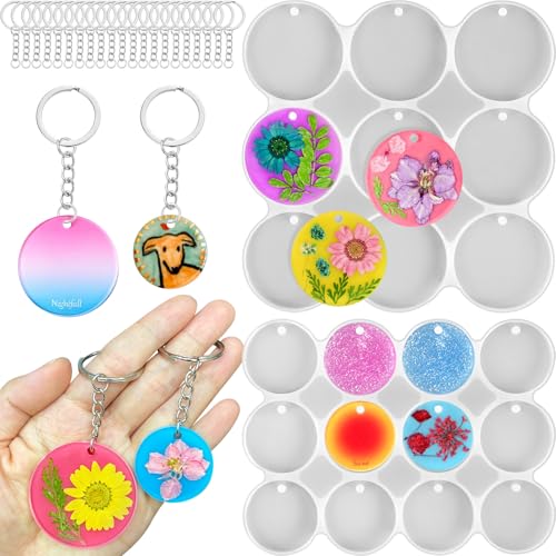 Resin Keychain Molds with Hole, Set of Round Keychain Casting Molds | 21-Cavity 1.87" and 1.37" Circle Keychain Silicone Molds with 21Pcs Key Rings for Epoxy Resin Pendant Christmas Ornaments - color: Round Resin Pandant Molds