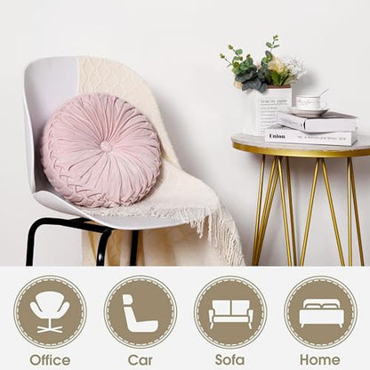 HIG Set of 2 Pink Velvet Decorative Round Pleated Throw Pillows - color: Pink