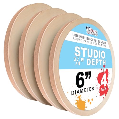 U.S. Art Supply 6" Round Unfinished Cradled Wood Panels for Painting | Studio 3/4" Deep (4 Pack) - Artist Depth Wooden Wall Canvases - Mixed-Media Craft, Acrylic, Oil, Encaustic, Paint Pouring - size: 6", style: Round Studio Depth