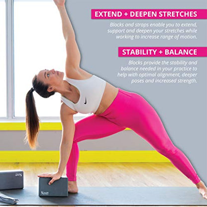 Yoga Blocks (2) with 6ft Yoga Strap – High Density EVA Foam Blocks for Stretching, Balance, Pilates, Dancers, Flexibility – Improve Strength, Aid Flexibility & Support Deepen Poses