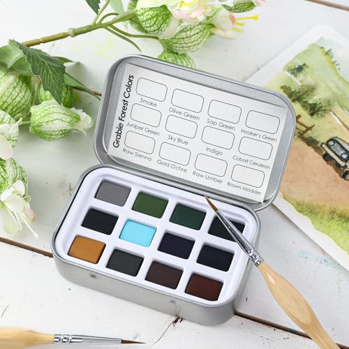 Grabie 12 Color Travel Watercolor Paint Set, Pocket Palette, Forest | 12 Forest Watercolor Colors, Pocket Compact Watercolor Palette For Sketching & Painting, Beginner-Friendly Paint Set - color: Forest