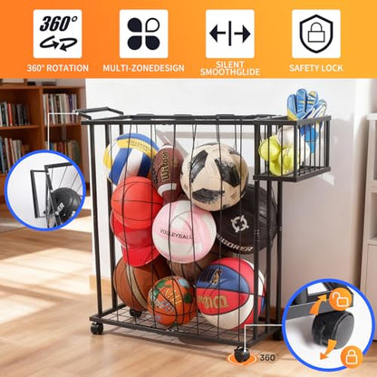 Multi-Sport Ball Storage Cart with Side Basket for Gloves & Tennis; Gravity-Access Elastic Straps for Kids; Rolling Garage Organizer Rack for Basketballs, Soccer & Yoga Mats - Multi-Athlete Families