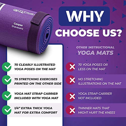 Instructional Yoga Mat with Carrying Strap: Cute Yoga Mat with 75 Illustrated Yoga Poses + 75 Easily-Followed Stretching Exercises - 1/4” Thick, Non-Toxic, Non-Slip Yoga Mats for Women and Men - color: Blue/Purple (68" x 24")