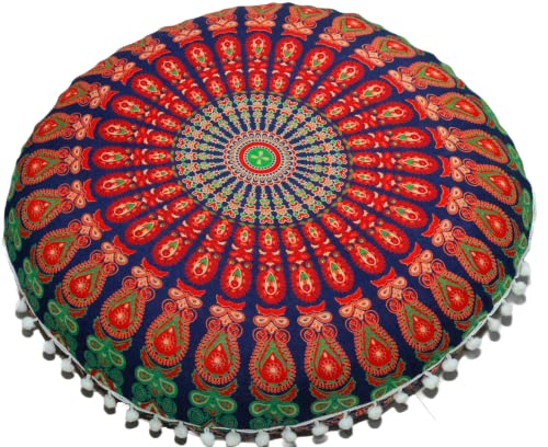 CRAFT KALA Round Mandala Boho Pillow Cover Meditation India Room Seating Poufs Cover for Living Room Yoga Room Home Décor Bedroom Balcony Garden Decoration Cotton Floor Cushion Cover 22", Multi Mirchi - color: Multi Mirchi, size: 22"