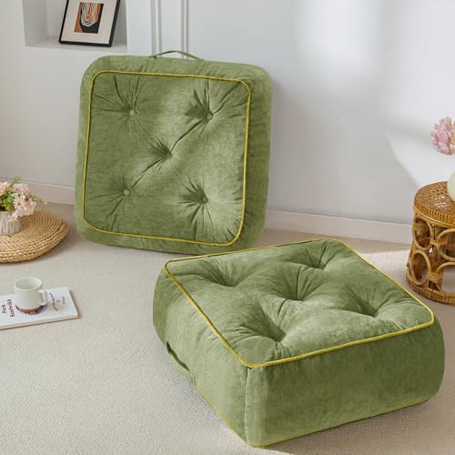 HIGOGOGO 8" Extra Thick Floor Pillow Cushion for Adults, Meditation Cushion Pillow with Handle, Lustrous Chenille Tufted, Square Floor Sitting for Tatami Living Room or Yoga, 22x22 Inch, 2Pack, Green - color: Square Green, size: 8" Thick(Pack of 2)