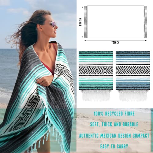 Preboun 4 Pcs Large Mexican Yoga Blanket Pack 45 x 70 Inch Thick Woven Camping Picnic Beach Car Travel Throw Blanket Outdoor Patio Mat Towel - color: Sky Blue, Light Green