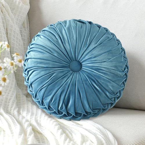 HIG Set of 2 Dusty Blue Velvet Decorative Round Pleated Throw Pillows - color: Dusty Blue