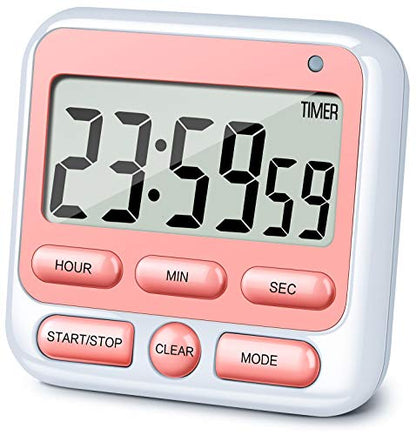 4-in-1 Digital Timer with Count Up/Down, Clock & Alarm, Ring & Silent Modes - color: Pink