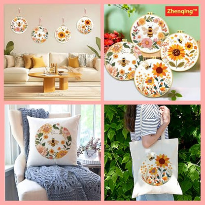 Zhenqing Bee & Flower Garden Cross Stitch Kit for Beginners - 4 Pre-Printed Designs with Hoop, Threads & Complete Tools(68059) - color: Bee Four-Piece Set
