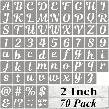 2 Inch Letter Stencils for Painting - 70 Pack Alphabet Letter and Number Stencil Templates with Signs for Painting, Reusable Cursive Alphabet Stencils for Chalkboard Wood Crafts & Wall Decor - size: 2 Inch