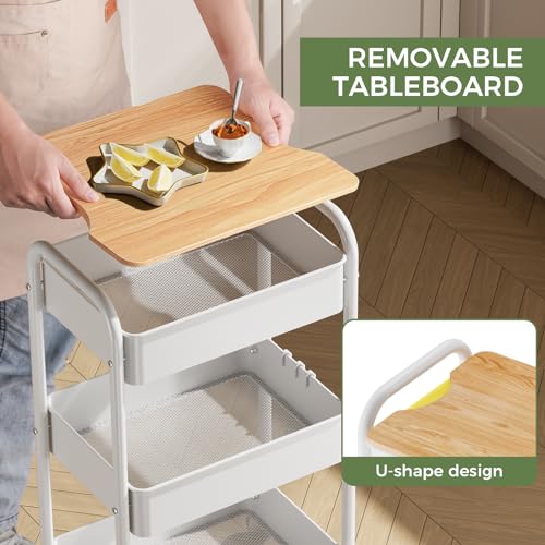 3-Tier Rolling Cart with Table Top, Metal Utility Cart on Wheels | Sturdy Storage Organizer Cart with Lockable Wheels&Hooks for Craft, Office, Classroom, Kitchen and Bathroom, WHite - color: White