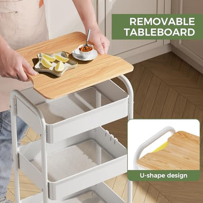 3-Tier Rolling Cart with Table Top, Metal Utility Cart on Wheels | Sturdy Storage Organizer Cart with Lockable Wheels&Hooks for Craft, Office, Classroom, Kitchen and Bathroom, WHite - color: White