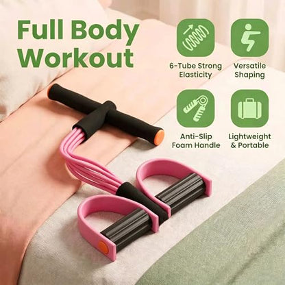 Upgraded Durable 6-Tube Pedal Resistance Strap with Handle, Natural Rubber Fitness Resistance Strap, Multifunctional Fitness Strap, Suitable for Abdominal, Waist, arm, and Leg Shaping Training - color: Pink
