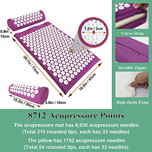 XiaoMaGe 28.7" Acupressure Mat and Pillow Set with Carry Bag (Purple) | Large acupuncture mat for neck & back pain relief, muscle relaxation, circulation support, and post-workout recovery - color: Purple