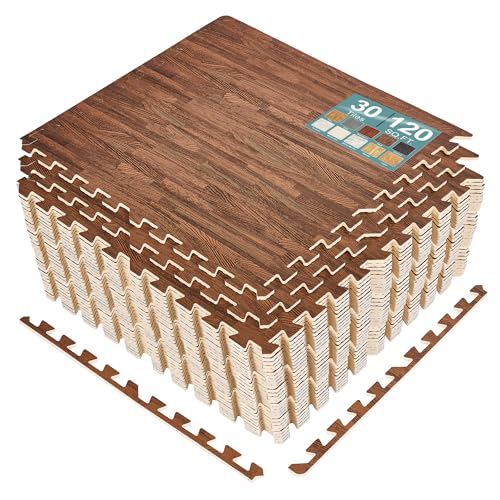 Sorbus Interlocking Wood Grain Foam Floor Tiles (30 Pack, Brown) | 3/8-inch EVA floor mats with borders suit playrooms, basements and home gyms, plus trade show flooring and dance areas. - color: Brown, size: 30 Pack