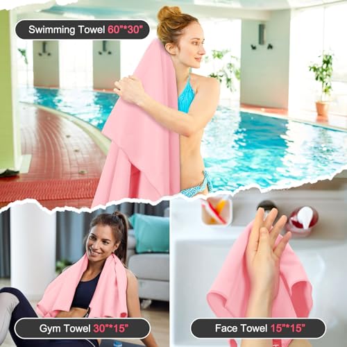 Quick Dry Travel Towel, 3 Sizes 1 Pack Camping Microfiber Towel, Lightweight Fast Drying Towels Set 60"x30", 30"x15", 15"x15" w/Bag for Gym, Beach, Hiking, Swimming, Pink - color: Pink