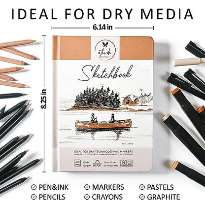 Sketch Book Hardcover 60 Pages Thick 500 GSM / 230 lb Acid Free Paper Lay Flat Bound for Drawing and Sketching 6,14” x 8,25” for Kids and Adults Beginners and Professionals Eco Friendly