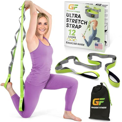 Gradient Fitness Stretching Strap for Physical Therapy, 12 Multi-Loop Stretch Strap 1.5" W x 8' L, Neoprene Handles, Physical Therapy Equipment, Yoga Straps for Stretching, Leg Stretcher. - color: Green/Grey